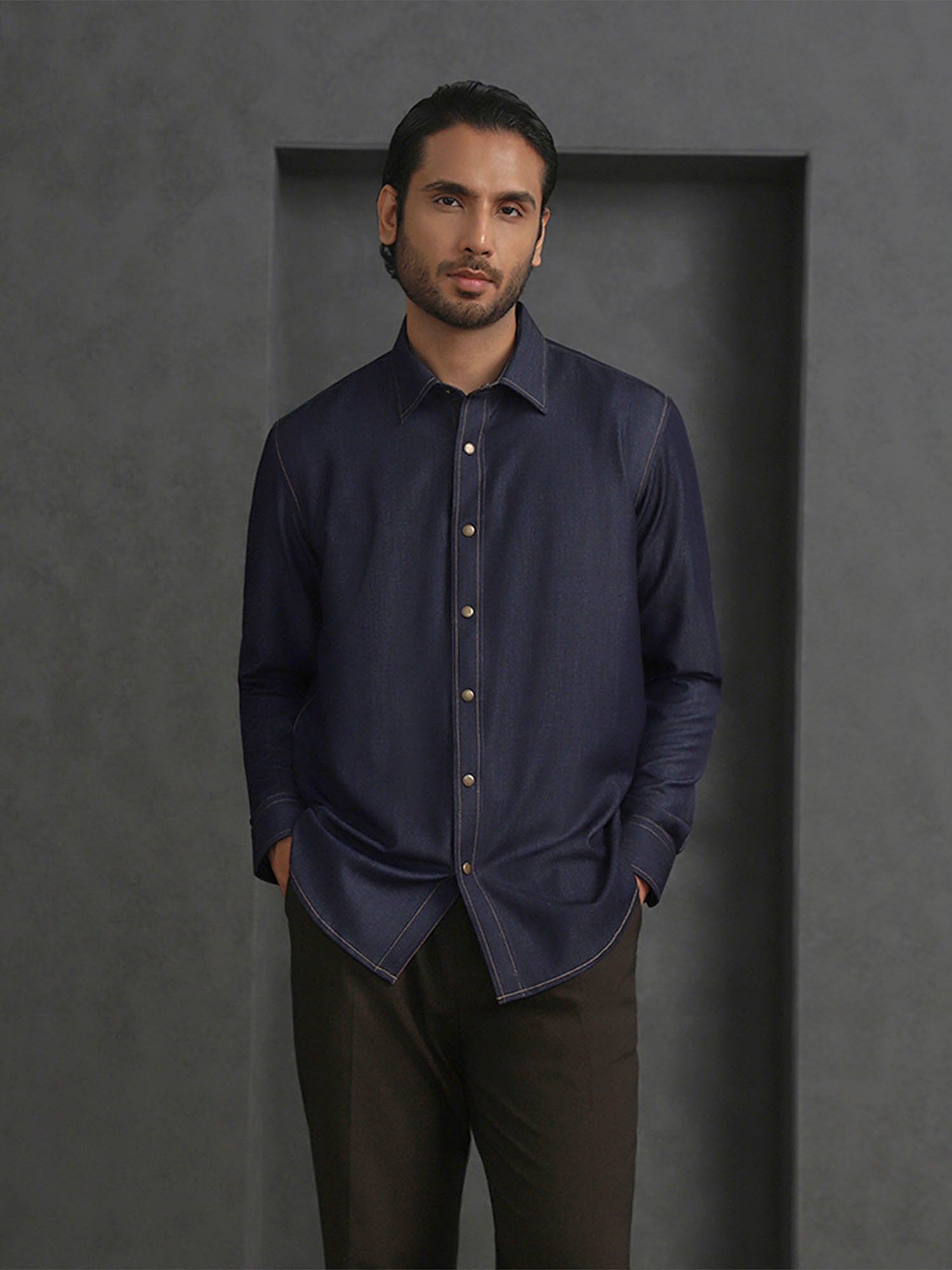 Navy Blue Slim Fit Shirt in Soft Model Fabric