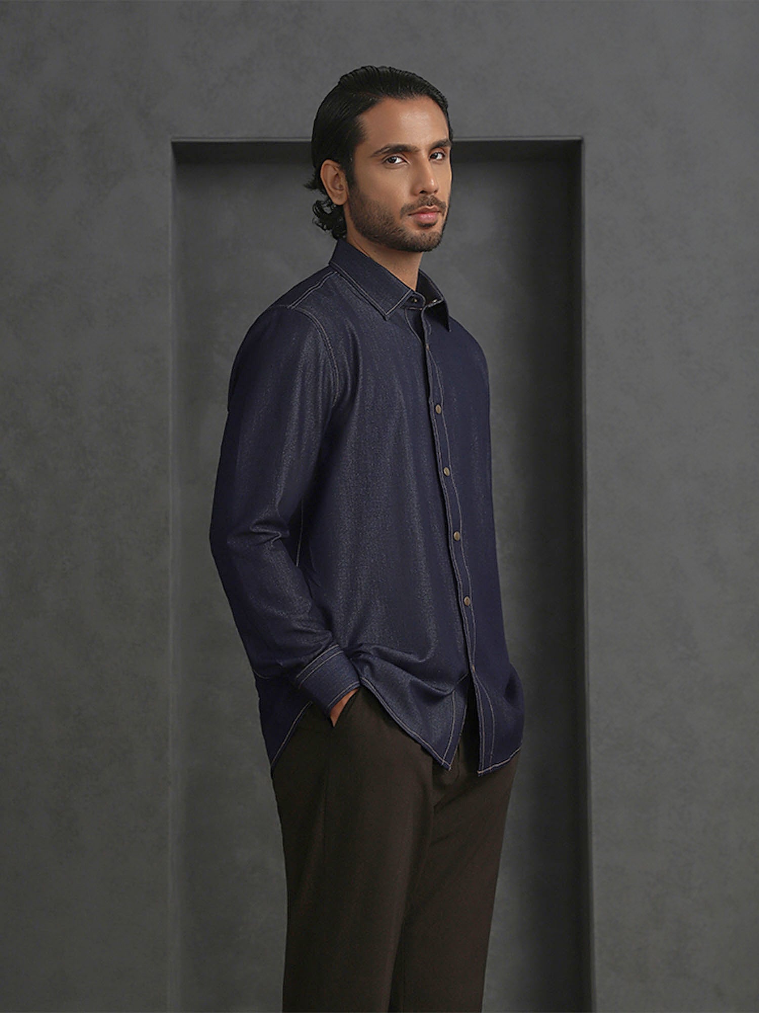Navy Blue Slim Fit Shirt in Soft Model Fabric
