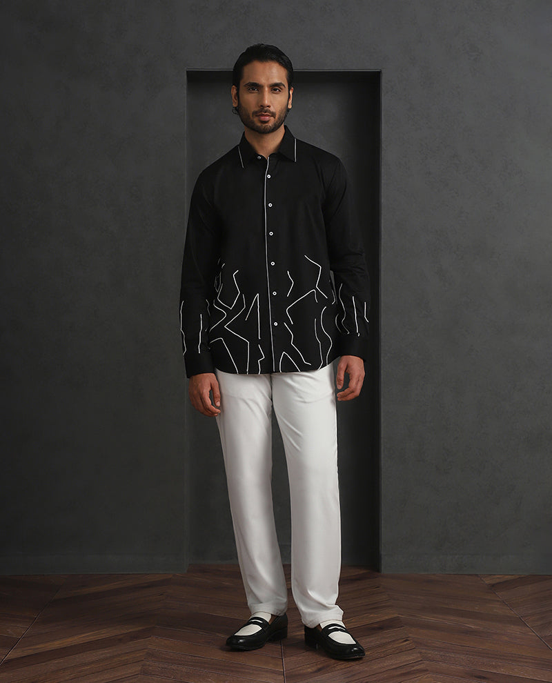Vibrant Black Coloured Slim Fit Cotton Shirt with Artistic embroidery