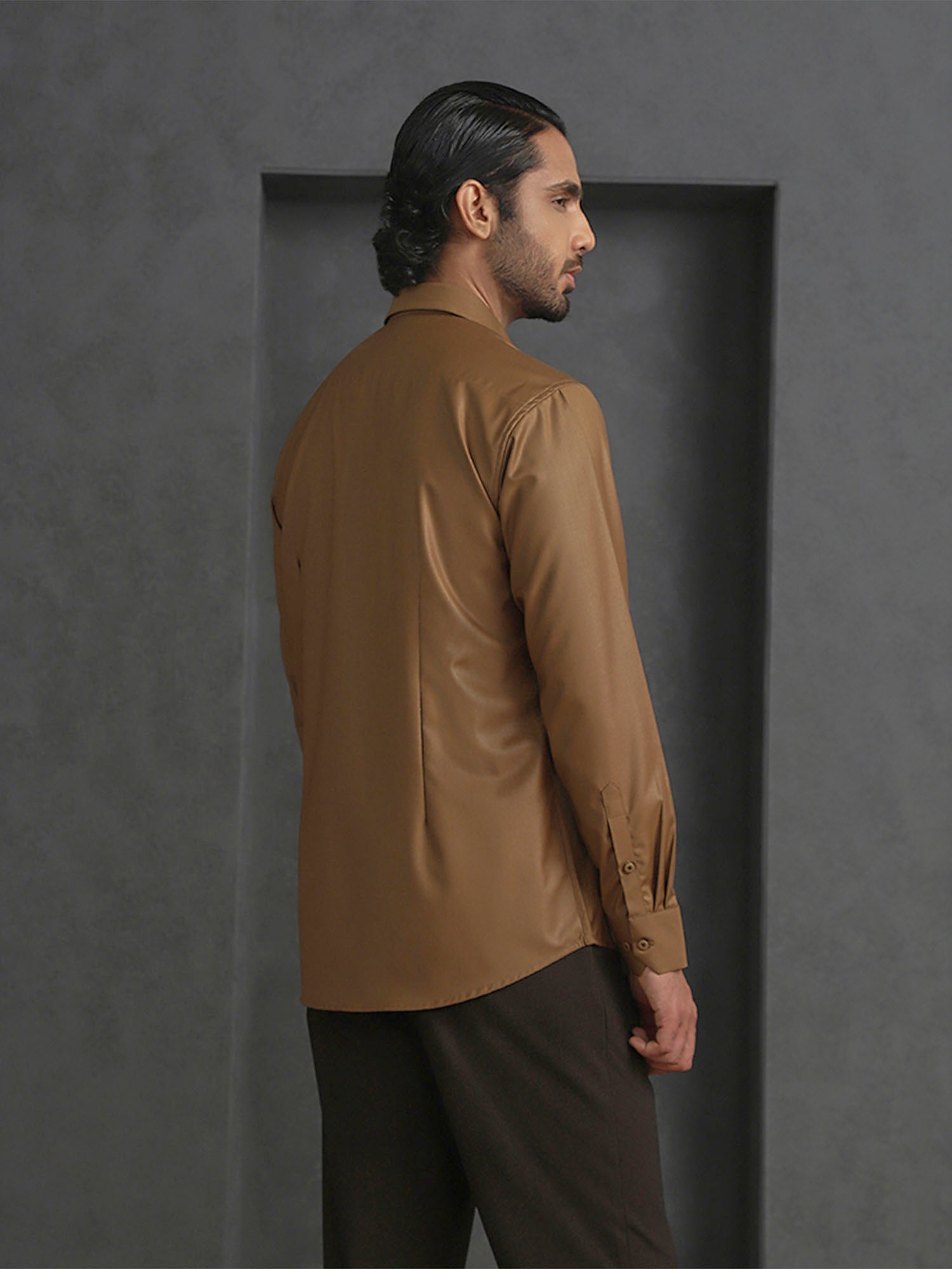 Light Brown Slim Fit Terry Rayon Shirt with Elegant Embroidery