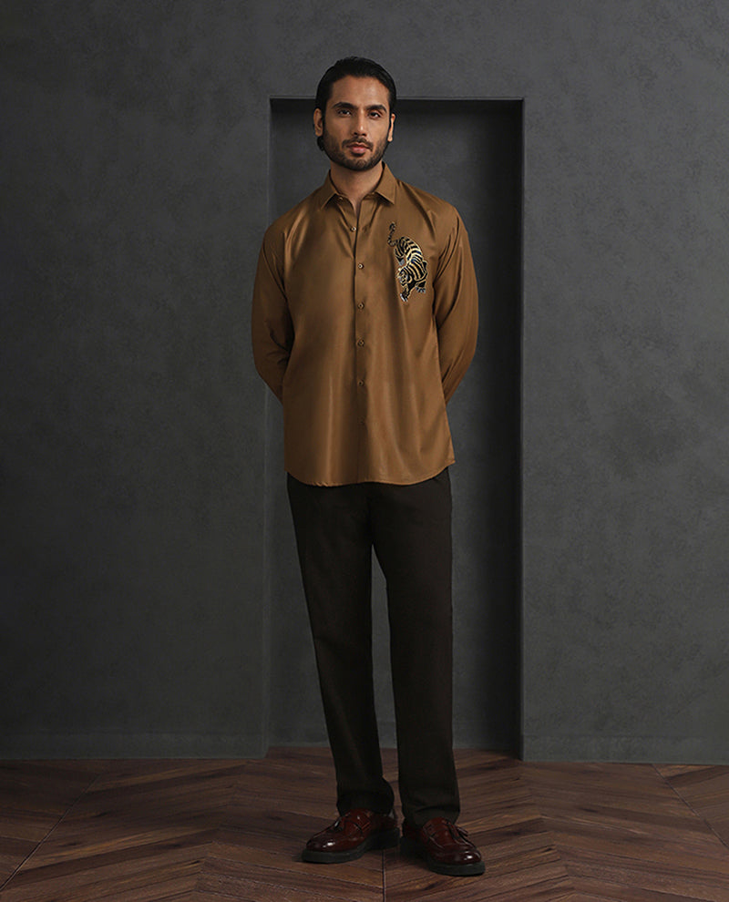 Light Brown Slim Fit Terry Rayon Shirt with Elegant Embroidery