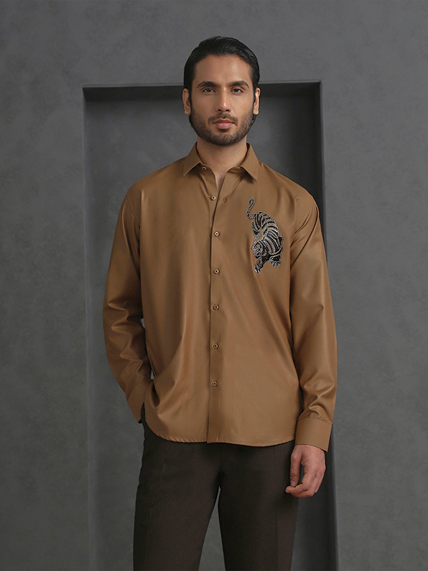 Light Brown Slim Fit Terry Rayon Shirt with Elegant Embroidery