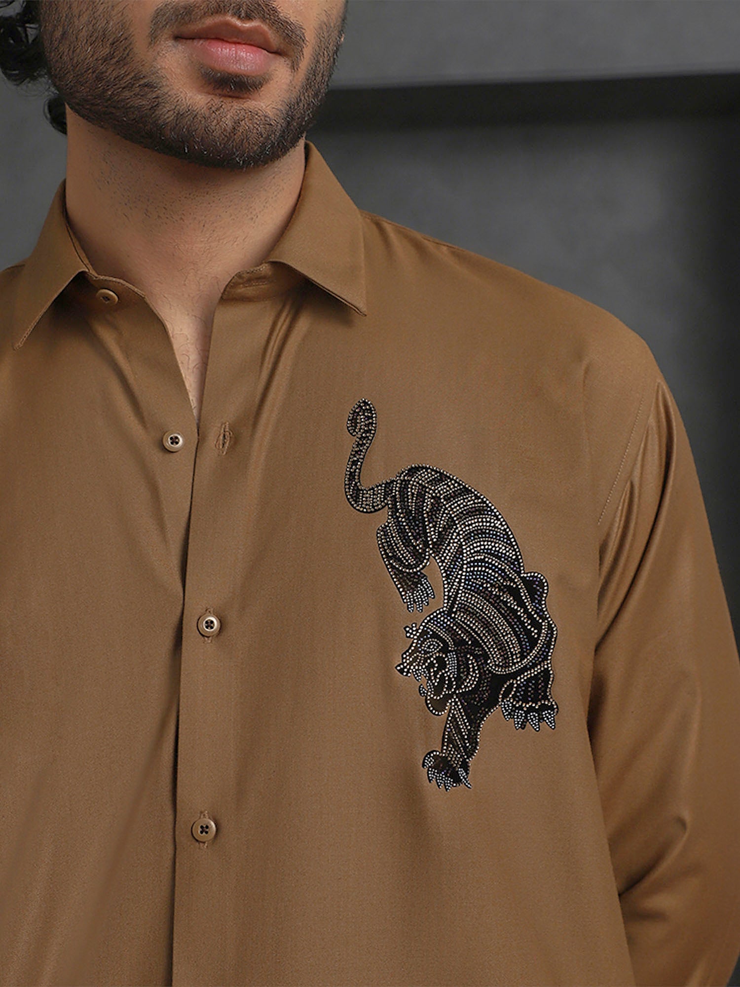 Light Brown Slim Fit Terry Rayon Shirt with Elegant Embroidery