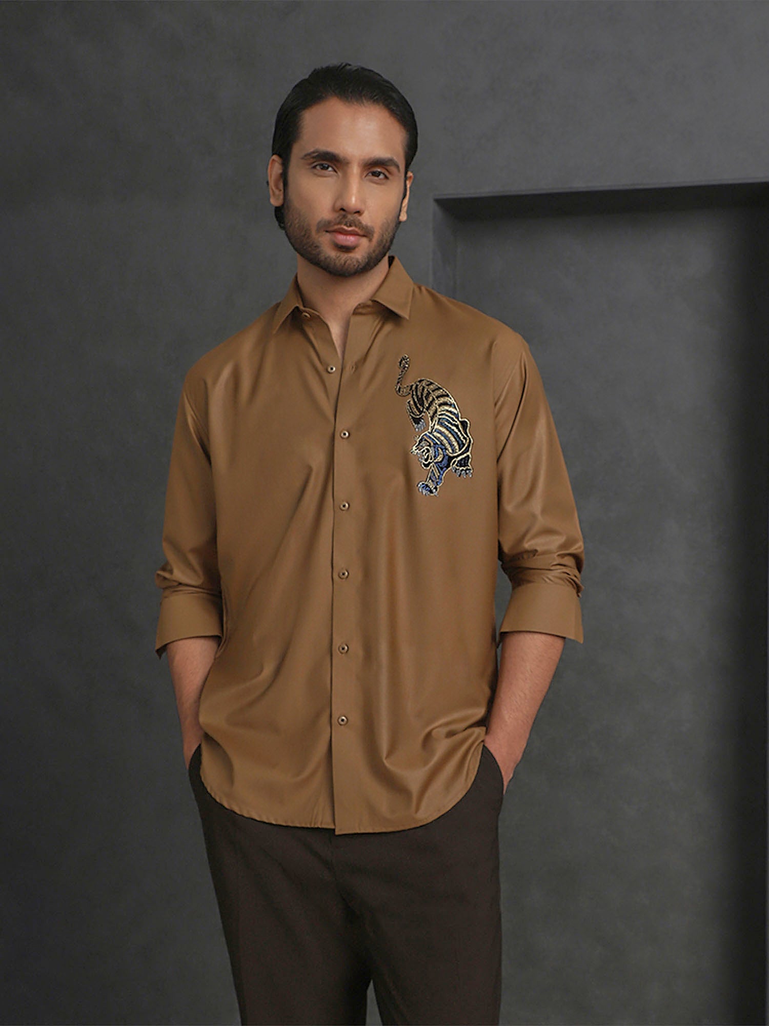 Light Brown Slim Fit Terry Rayon Shirt with Elegant Embroidery