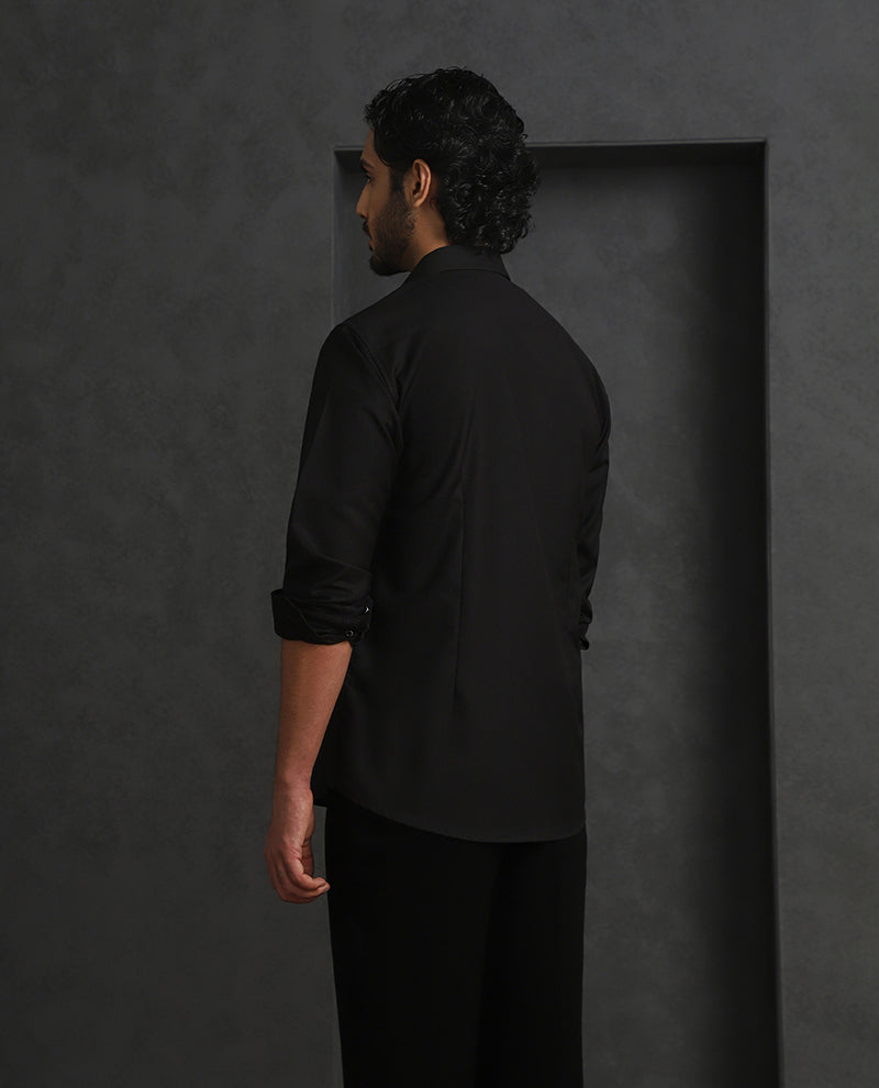 Black Slim Fit Terry Rayon Designer Shirt with Small Collar