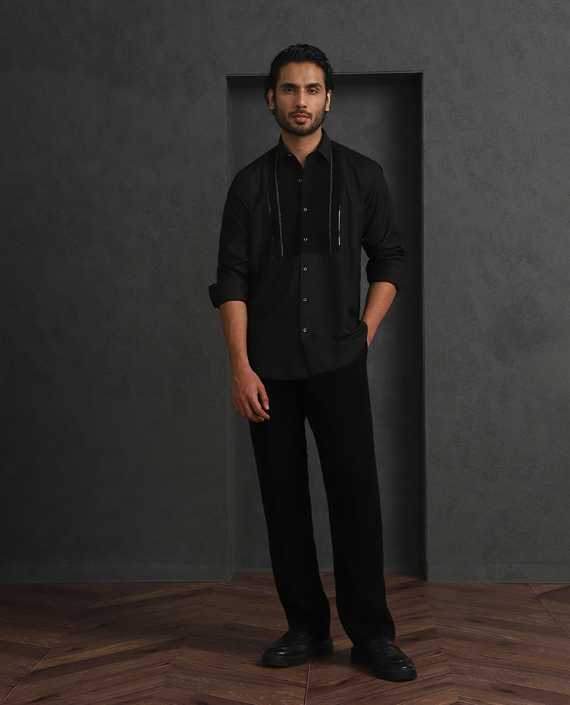 Black Slim Fit Terry Rayon Designer Shirt with Small Collar