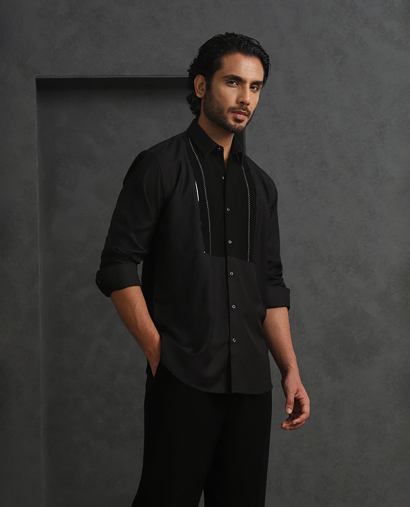 Black Slim Fit Terry Rayon Designer Shirt with Small Collar