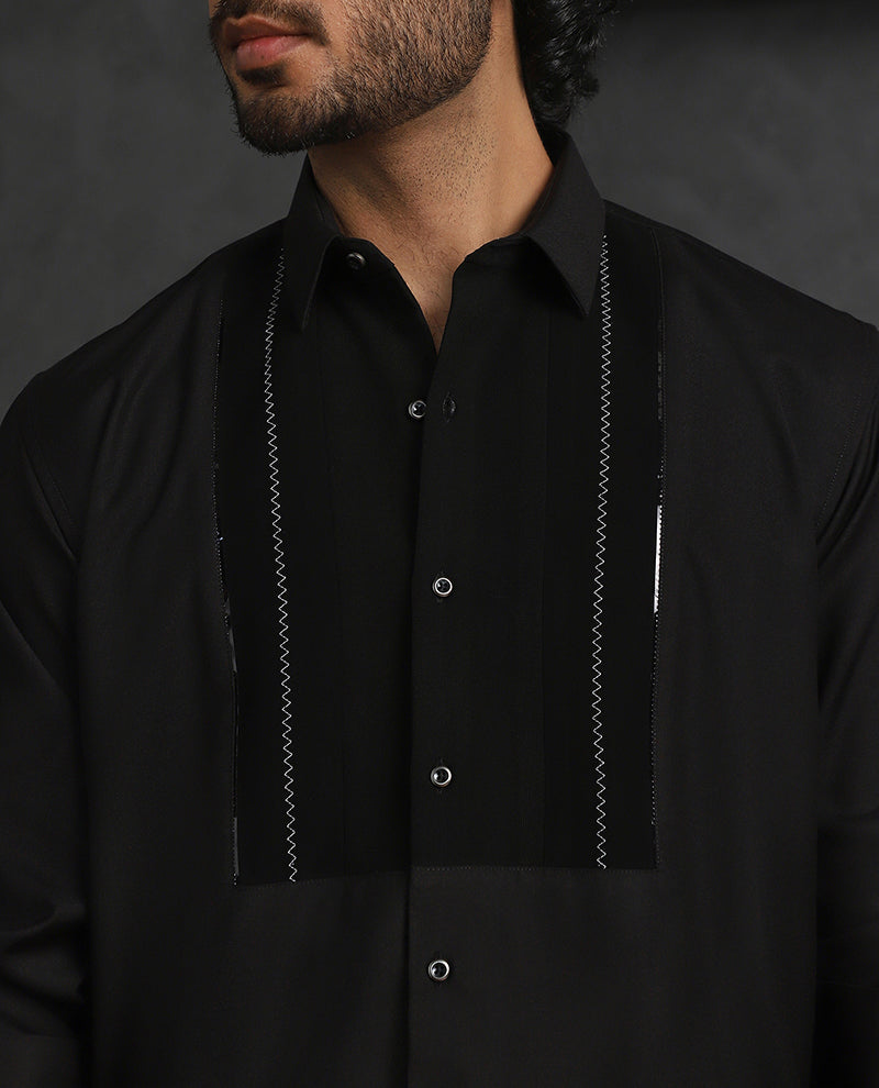 Black Slim Fit Terry Rayon Designer Shirt with Small Collar