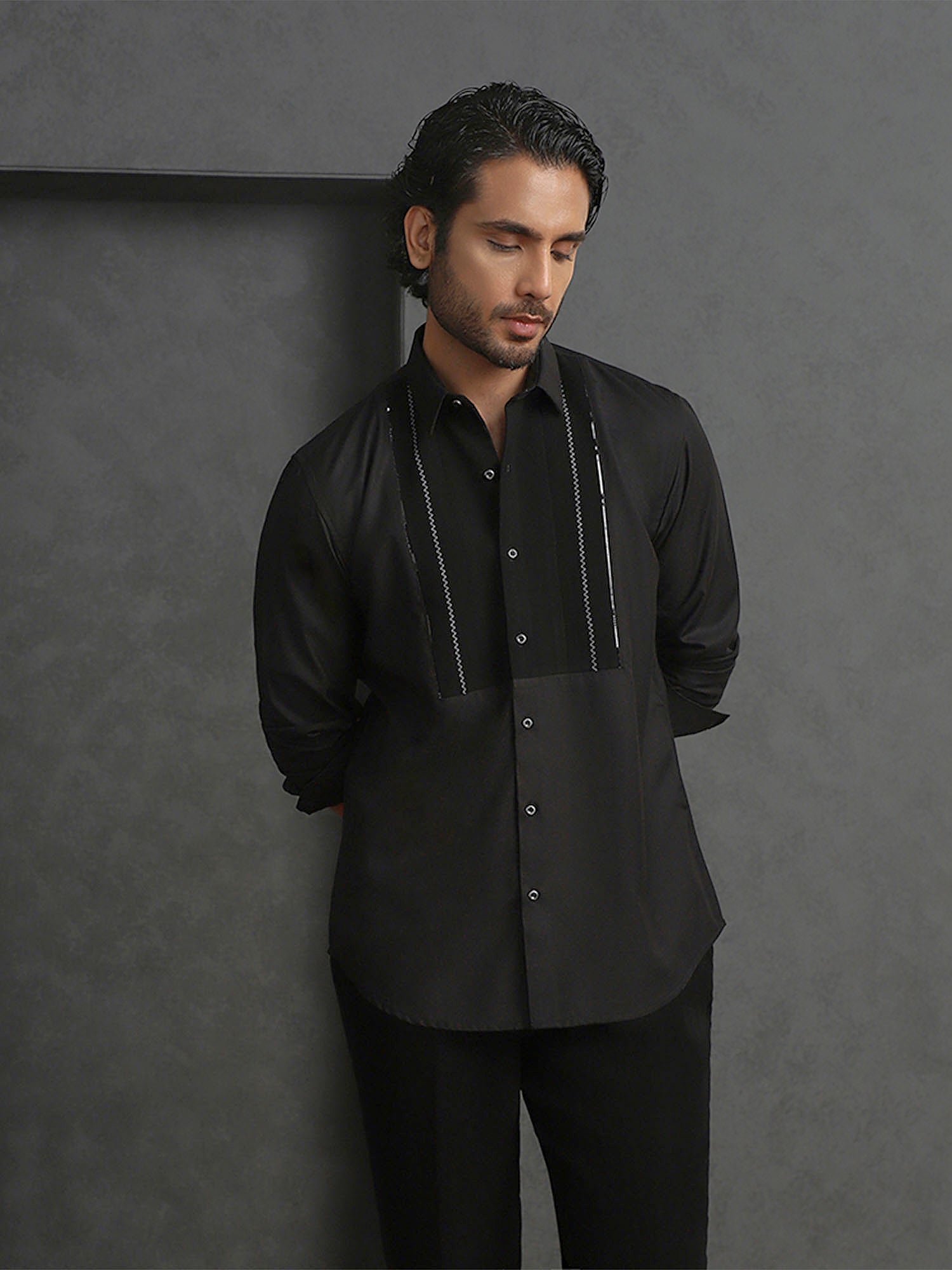Black Terry Rayon Designer Shirt with Modern Small Collar