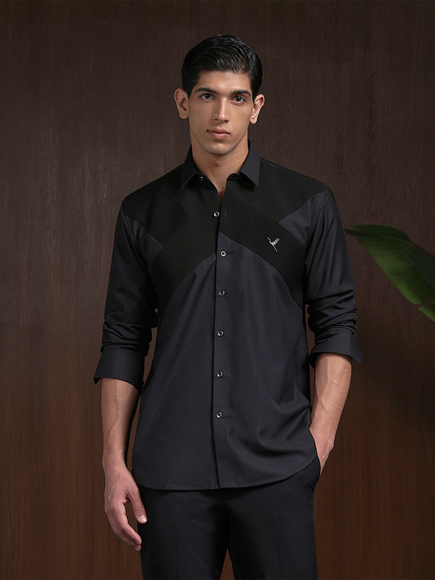 Black Terry Rayon Designer Shirt with Modern Small Collar