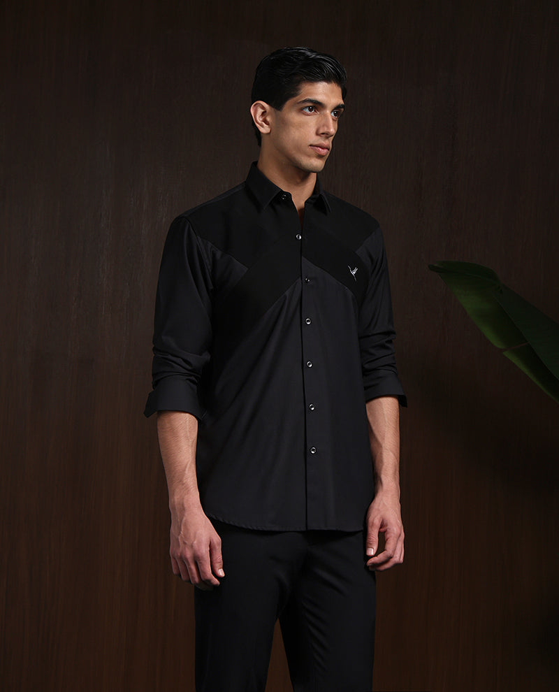 Black Terry Rayon Designer Shirt with Modern Small Collar