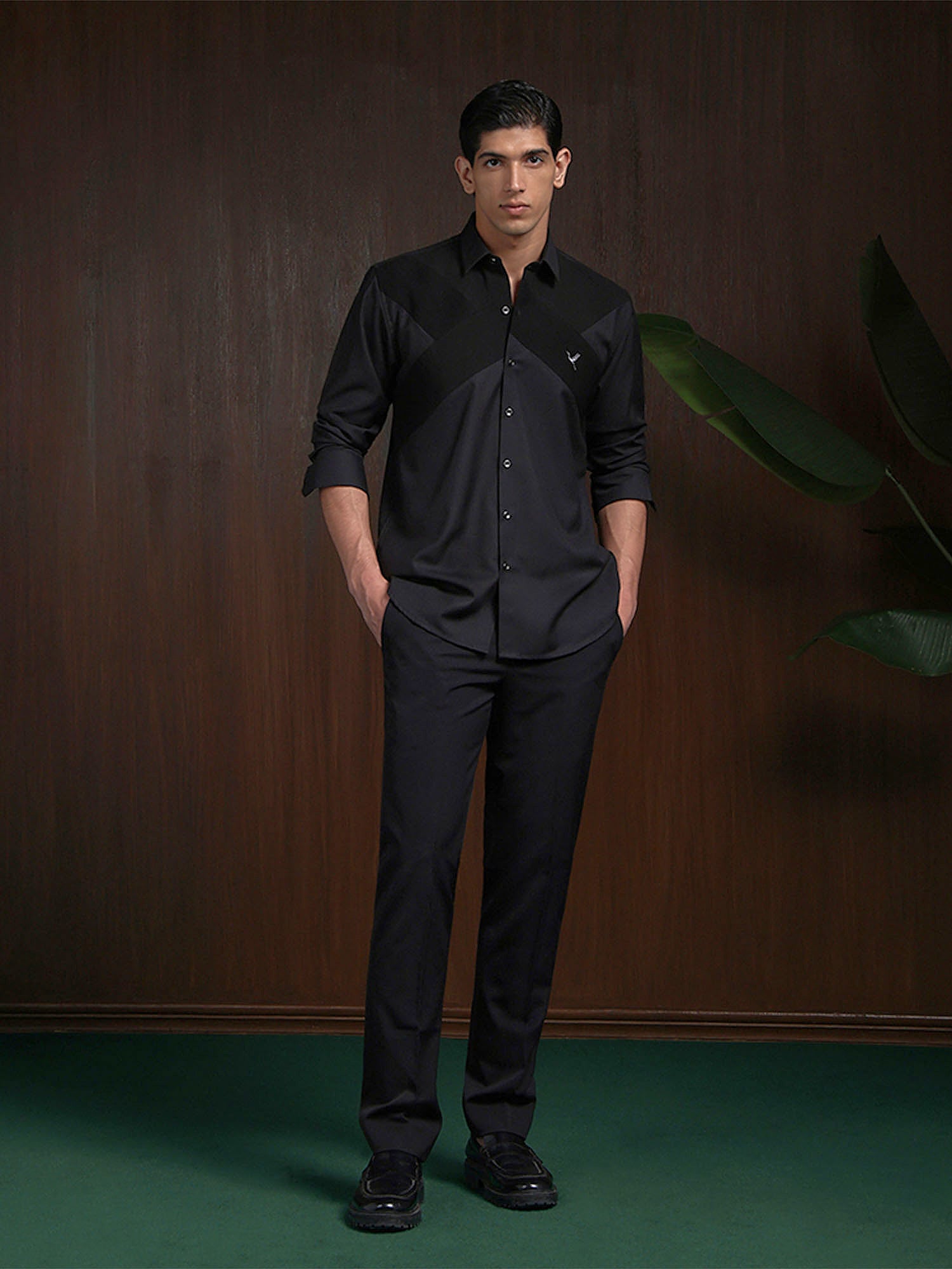 Black Terry Rayon Designer Shirt with Modern Small Collar