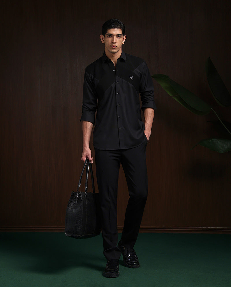 Black Terry Rayon Designer Shirt with Modern Small Collar