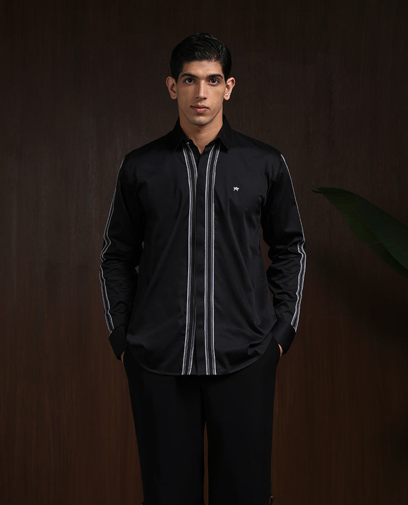 Black Slim Fit Cotton Designer Shirt with Small Collar