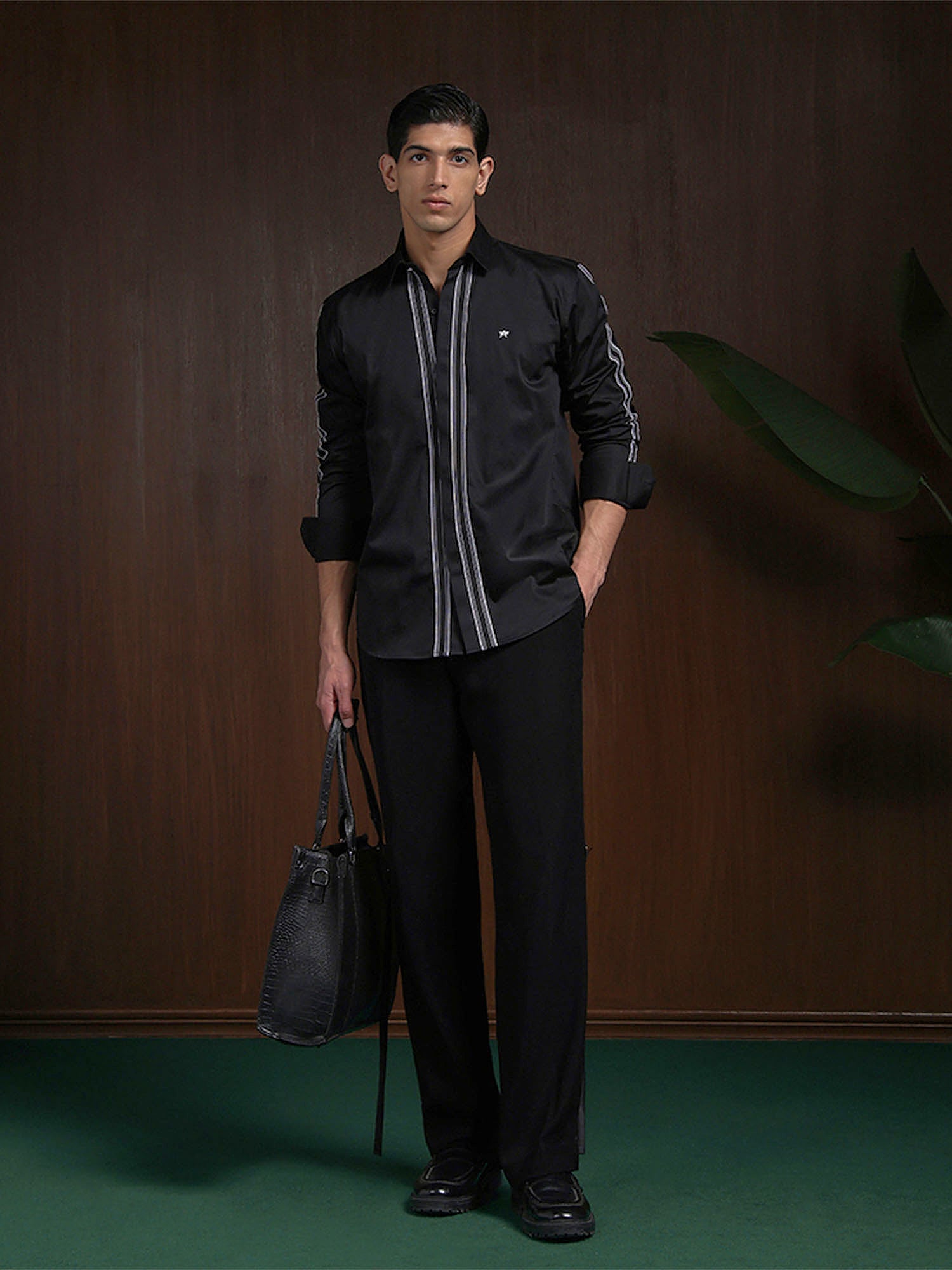 Black Slim Fit Cotton Designer Shirt with Small Collar