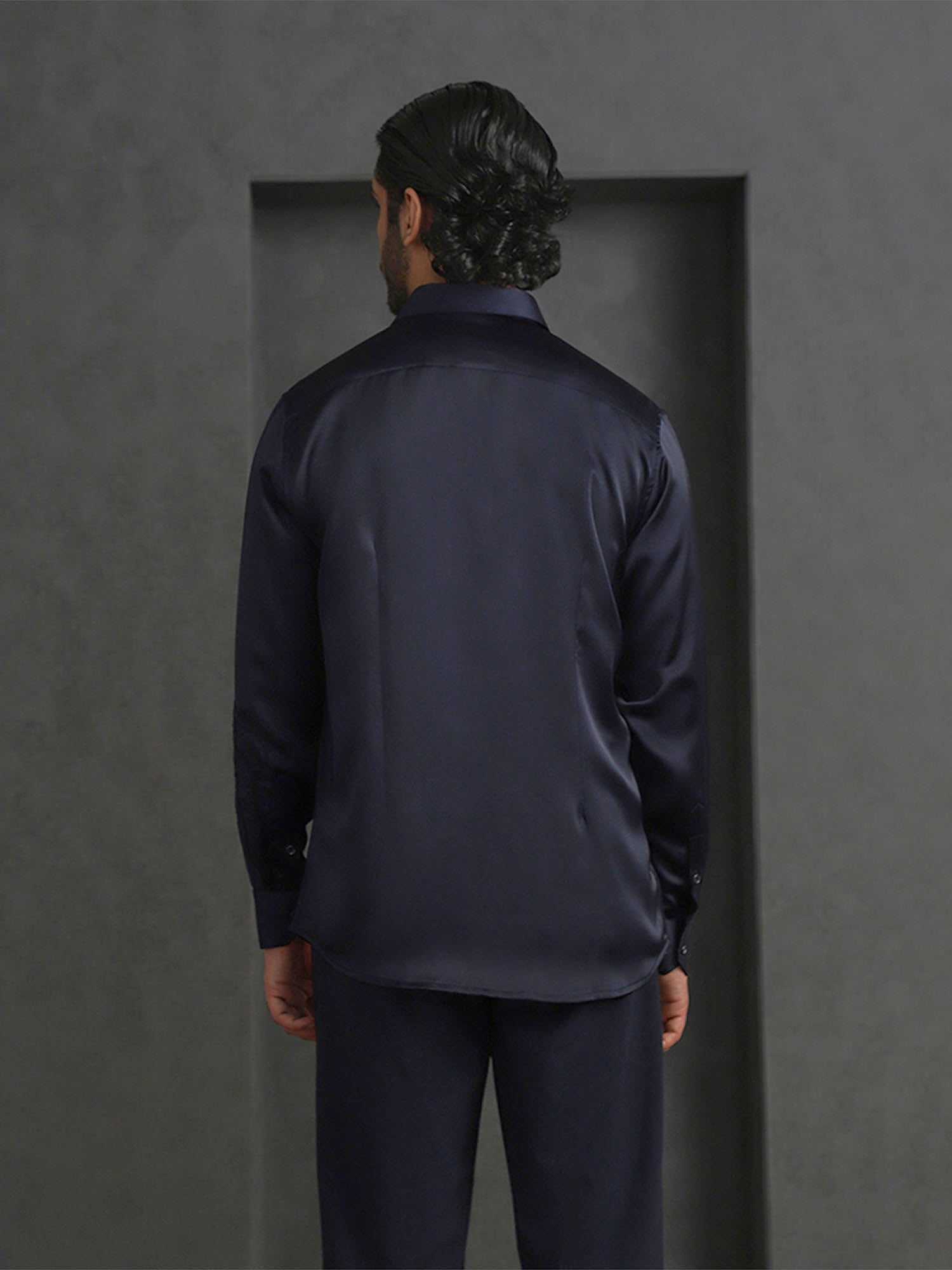 Navy Blue Slim Fit Model Tencel Designer Shirt with Small Collar