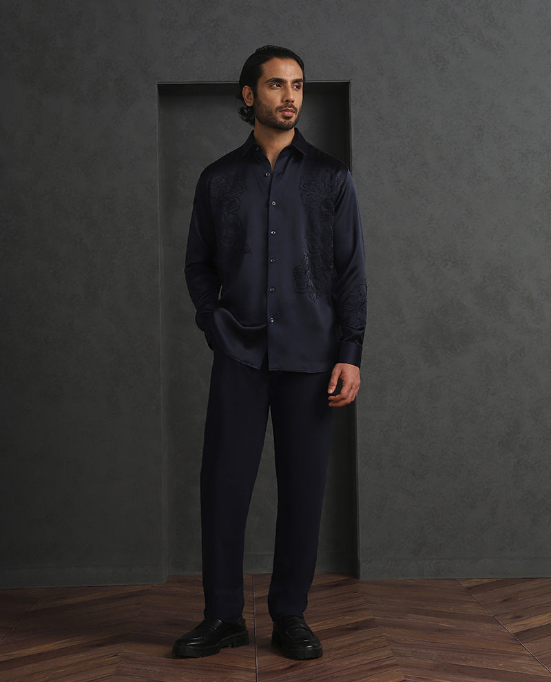 Navy Blue Slim Fit Model Tencel Designer Shirt with Small Collar