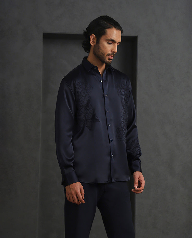 Navy Blue Slim Fit Model Tencel Designer Shirt with Small Collar