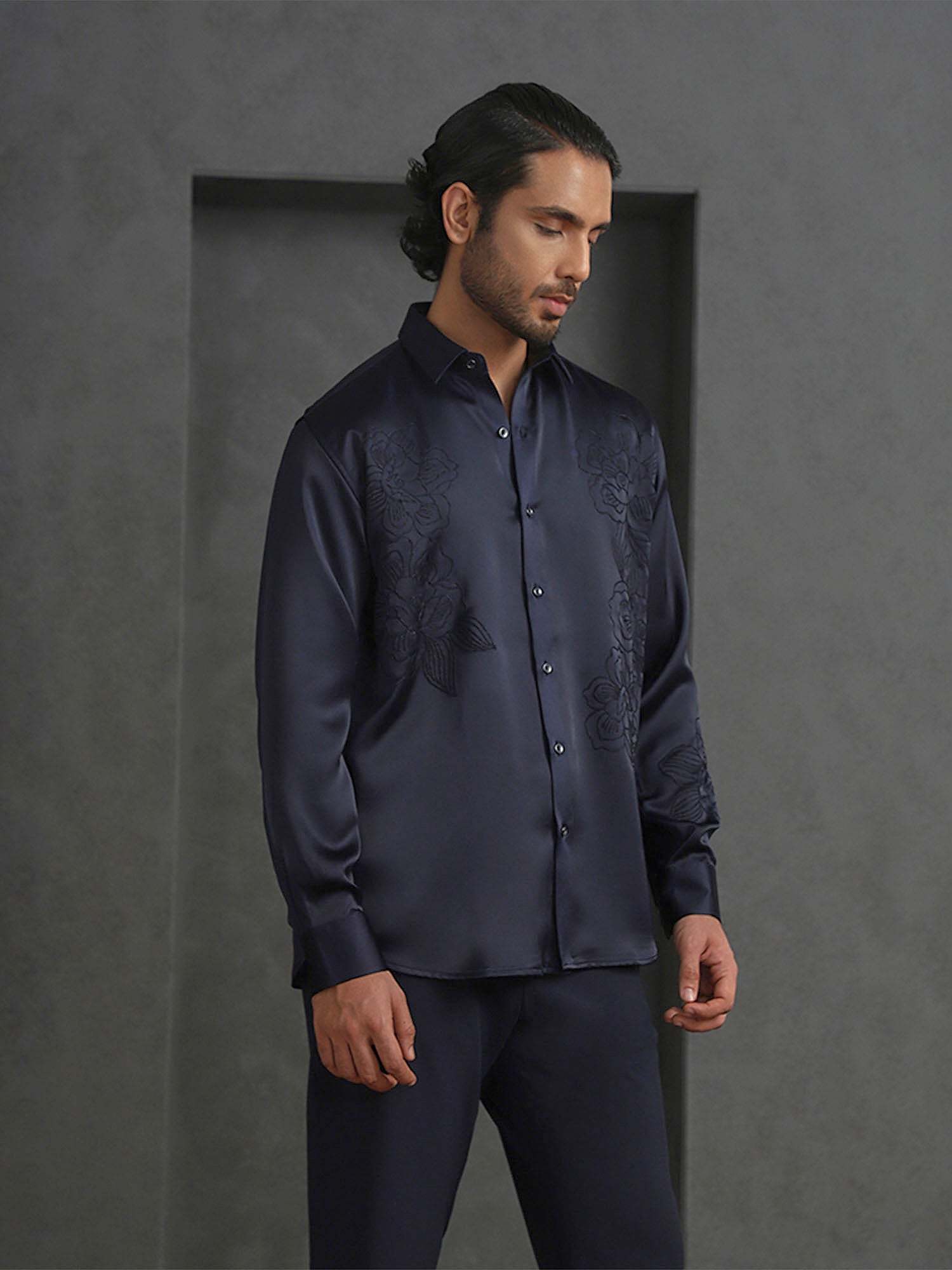 Navy Blue Slim Fit Model Tencel Designer Shirt with Small Collar