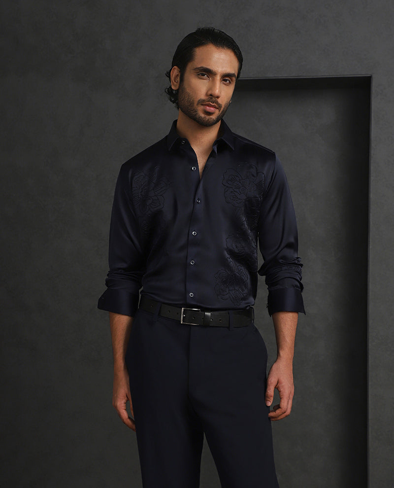 Navy Blue Slim Fit Model Tencel Designer Shirt with Small Collar