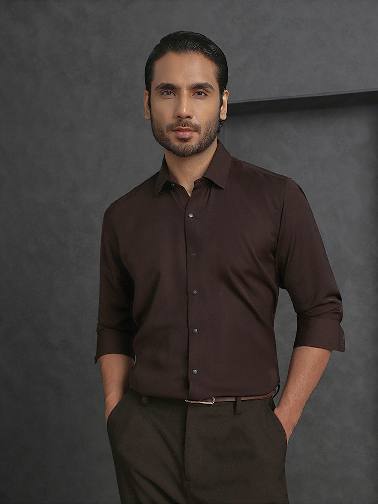 Dark Brown Slim Fit Stroma Shirt with Classic Plain Design