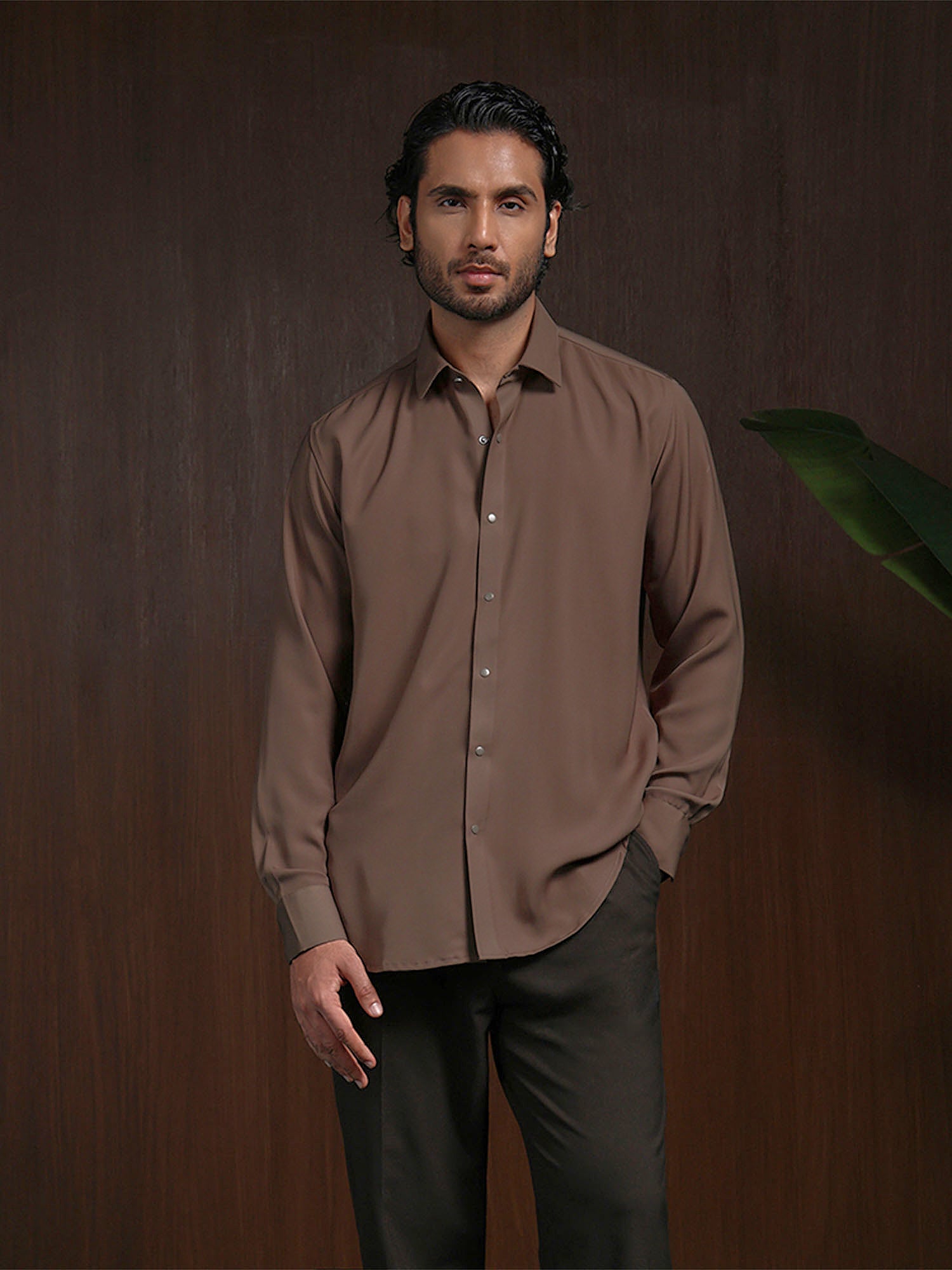 Dark Khaki Slim Fit Stroma Shirt with Classic Plain Design