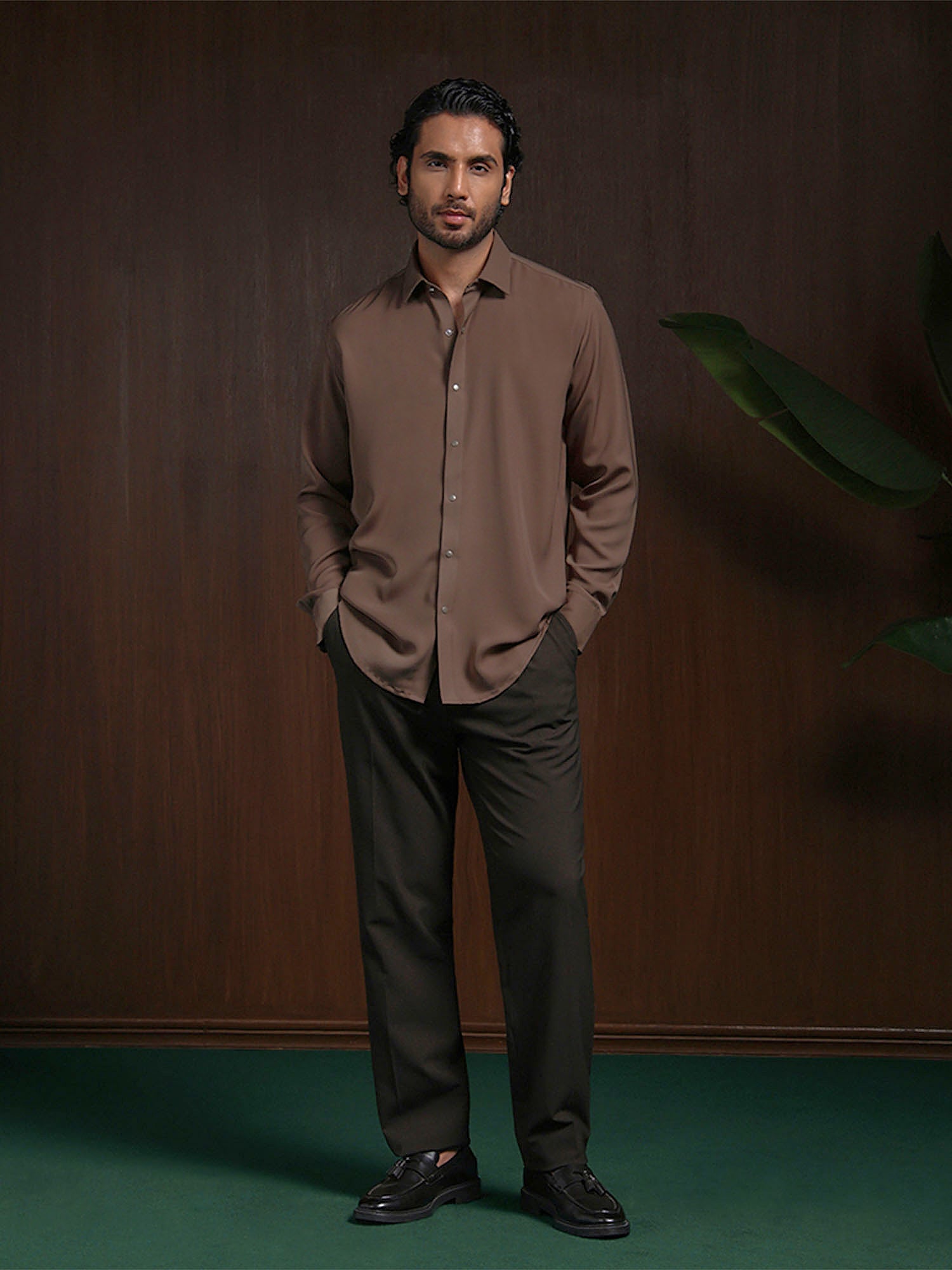 Dark Khaki Slim Fit Stroma Shirt with Classic Plain Design