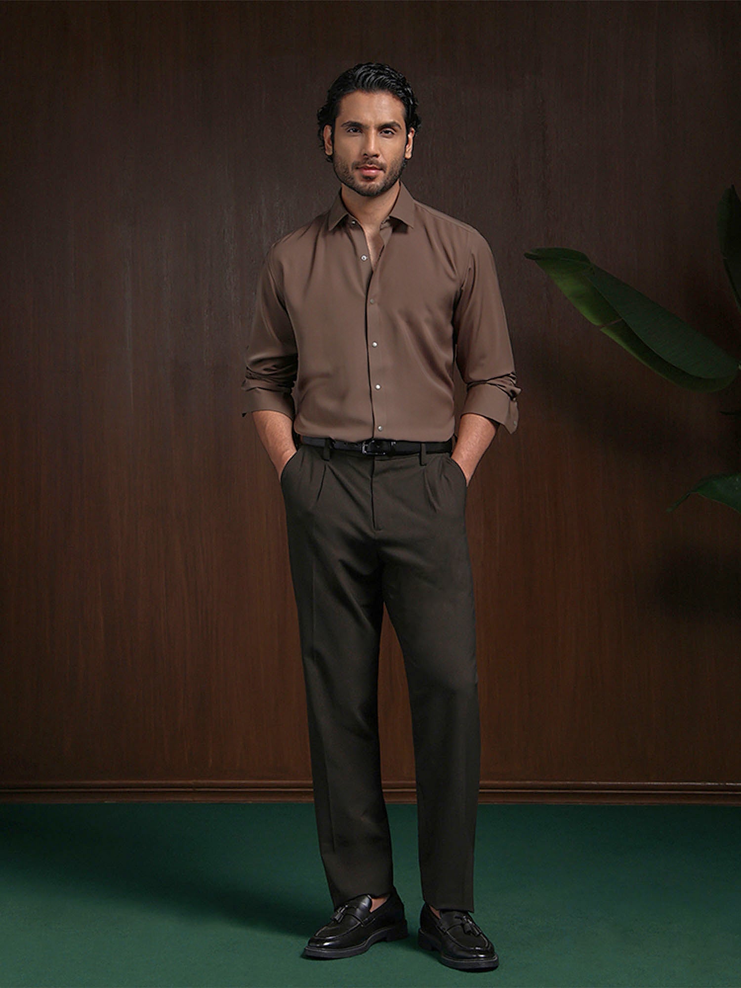 Dark Khaki Slim Fit Stroma Shirt with Classic Plain Design