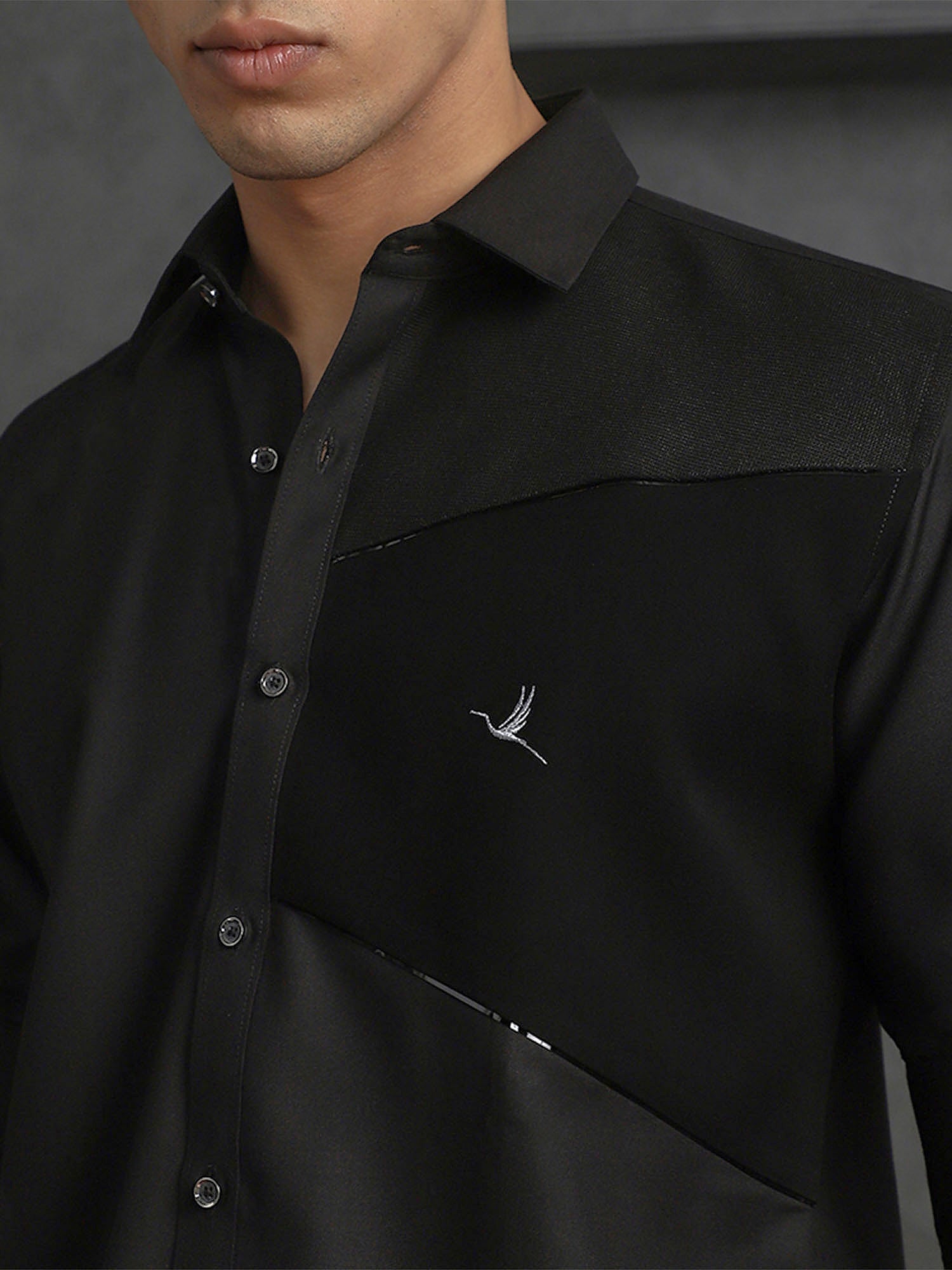Black Slim Fit Terry Rayon Designer Shirt with Sleek Small Collar