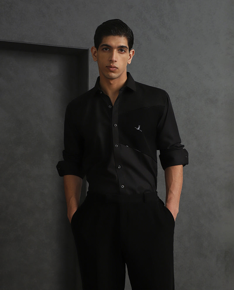 Black Slim Fit Terry Rayon Designer Shirt with Sleek Small Collar