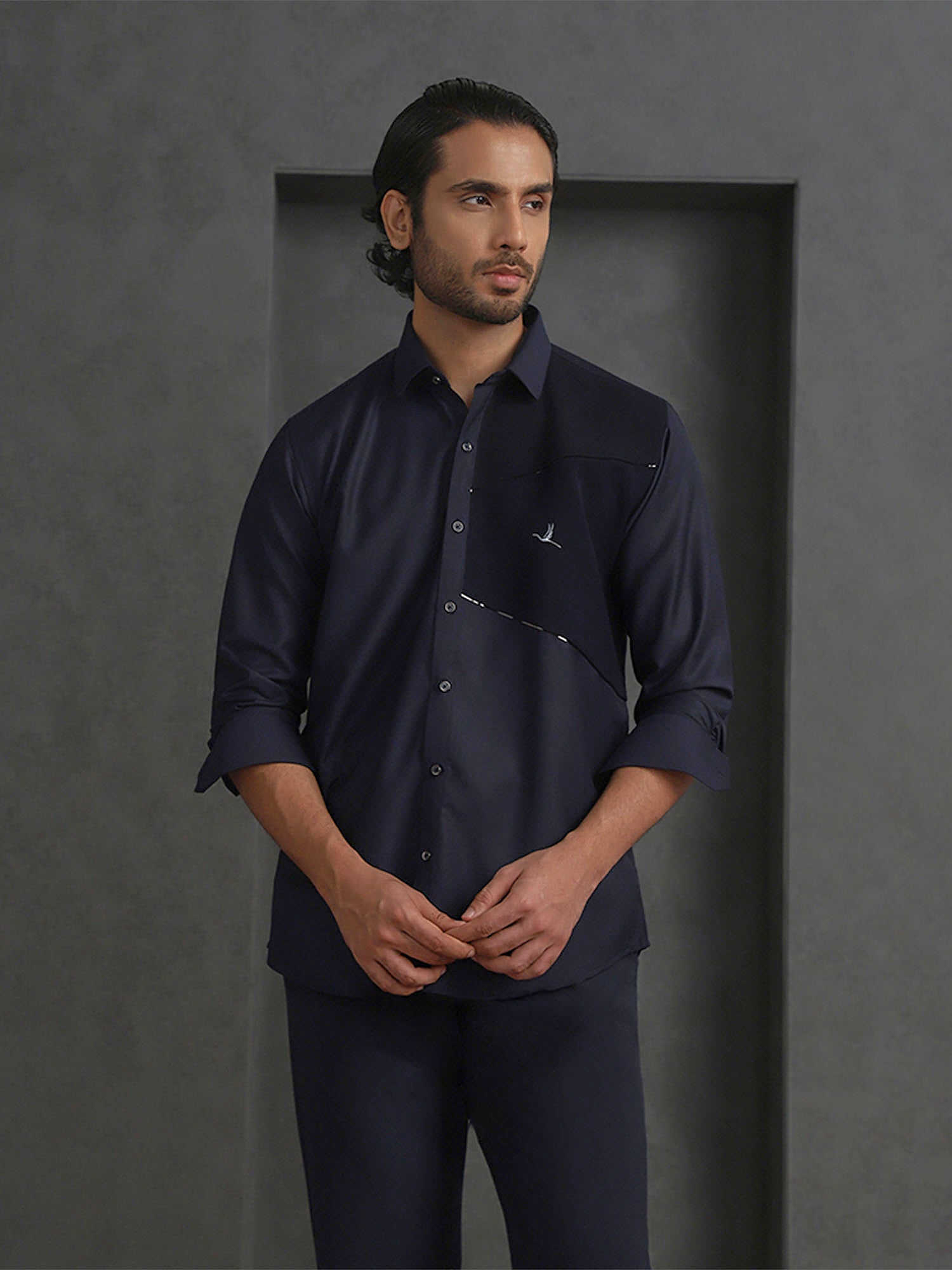 Navy Blue Slim Fit Terry Rayon Designer Shirt with Small Collar