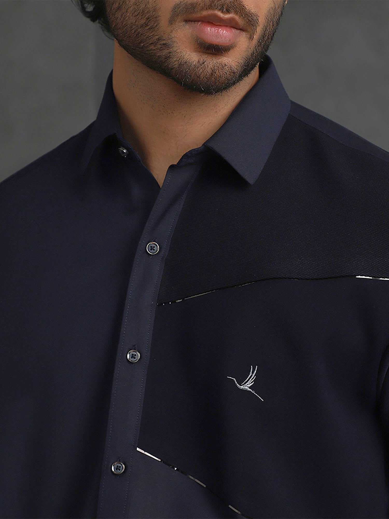 Navy Blue Slim Fit Terry Rayon Designer Shirt with Small Collar