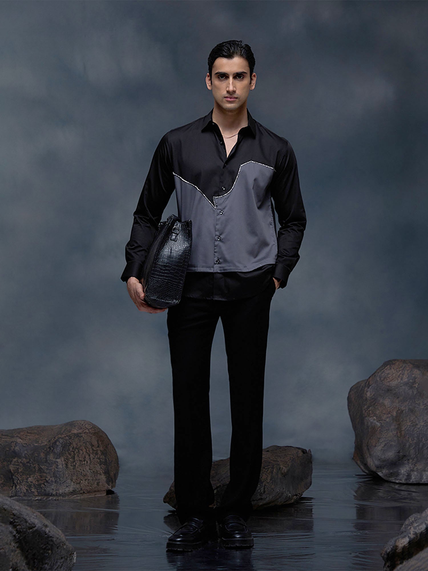Black and Grey with Hand Embroidery Premium Cotton Slim Fit Shirt