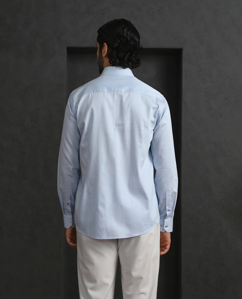 Light Blue Slim Fit Cotton Shirt with Elegant Embroidery Detailing