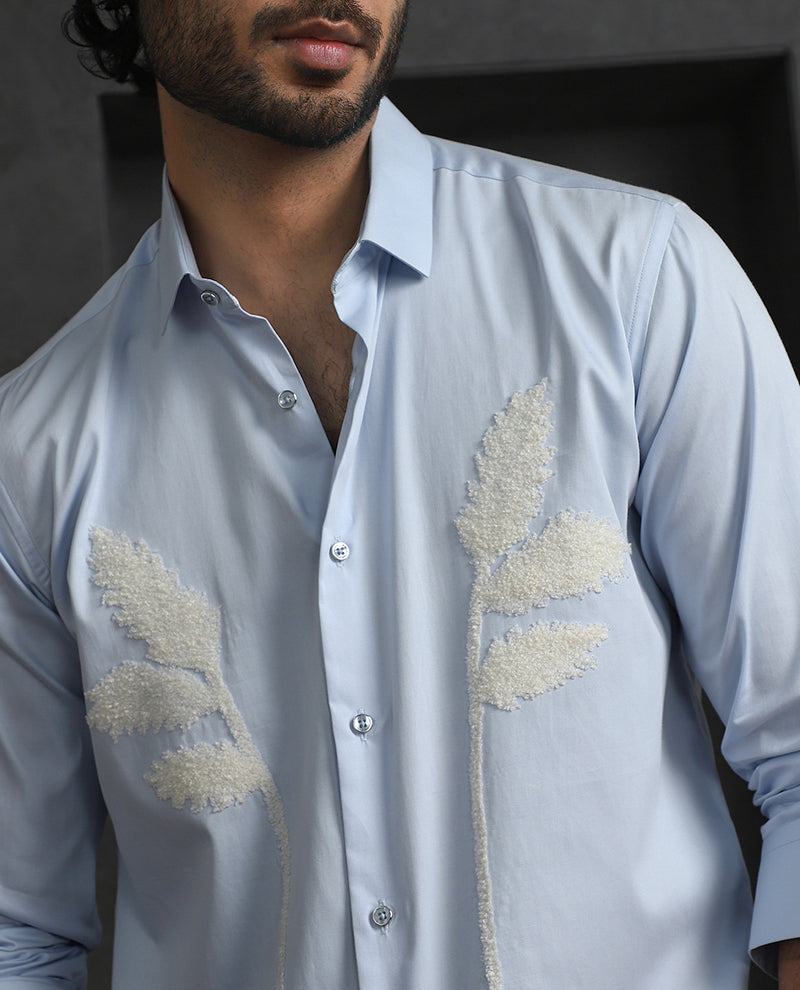 Light Blue Slim Fit Cotton Shirt with Elegant Embroidery Detailing