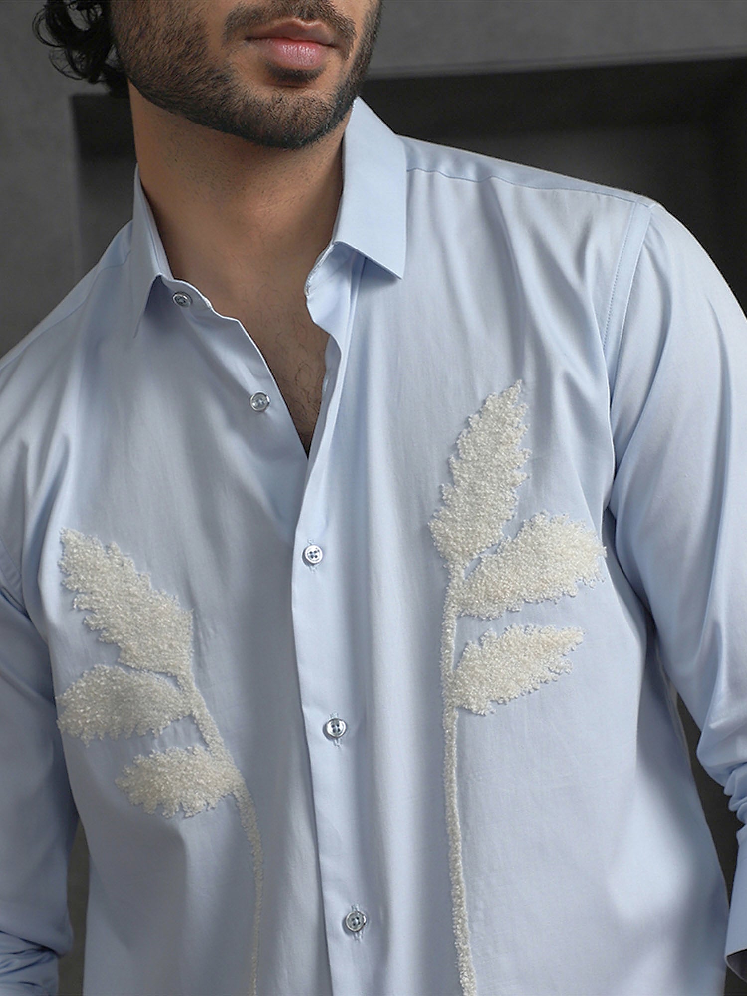 Light Blue Slim Fit Cotton Shirt with Elegant Embroidery Detailing