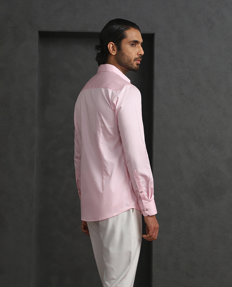Pink Slim Fit Cotton Shirt with Delicate Embroidery Detailing
