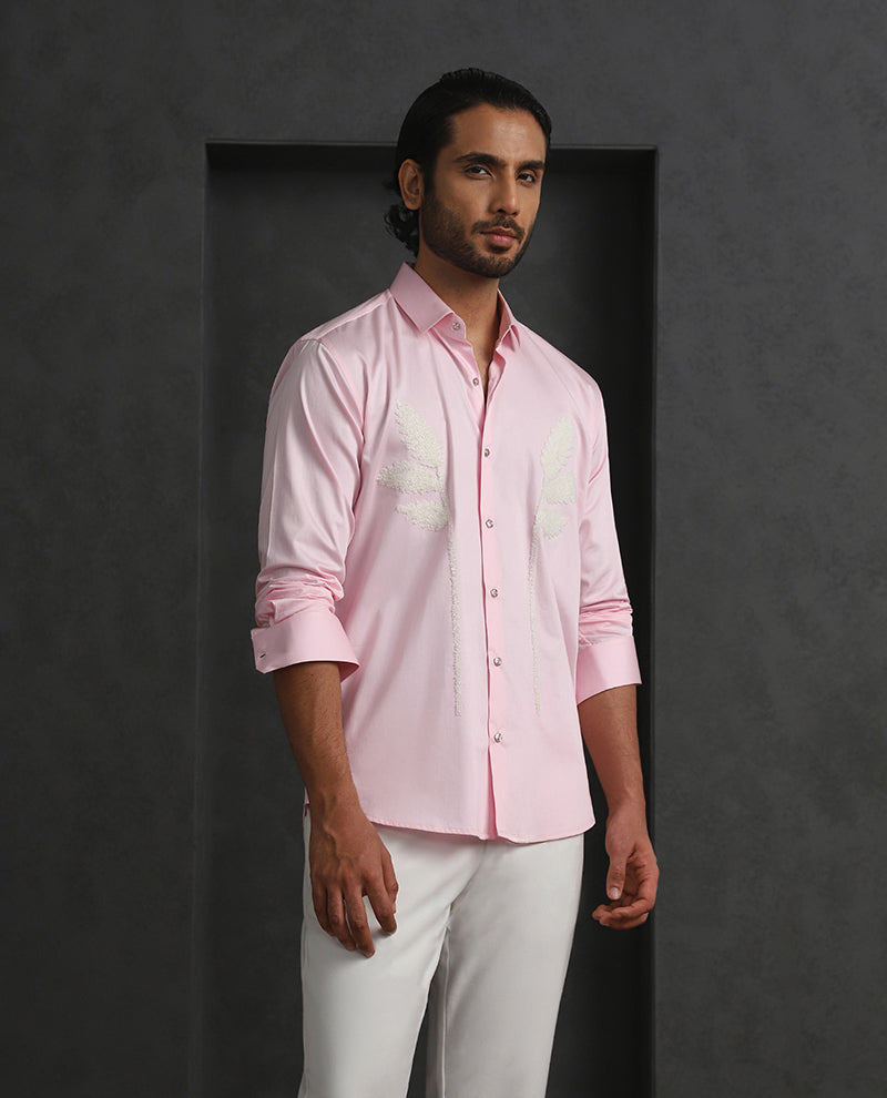 Pink Slim Fit Cotton Shirt with Delicate Embroidery Detailing