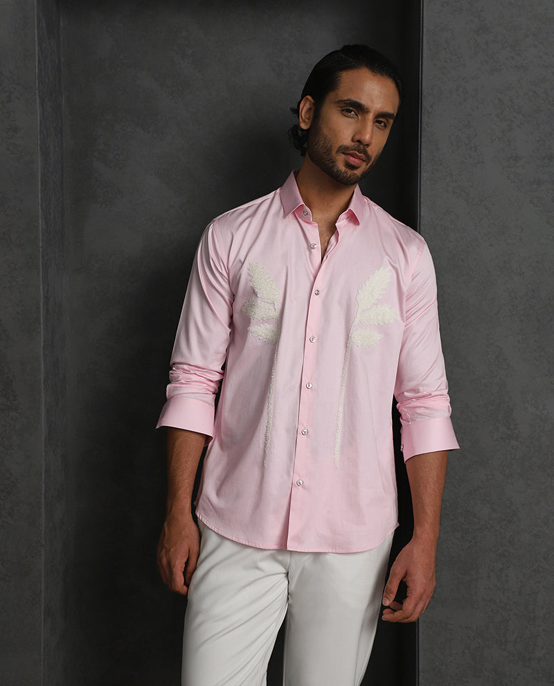Pink Slim Fit Cotton Shirt with Delicate Embroidery Detailing