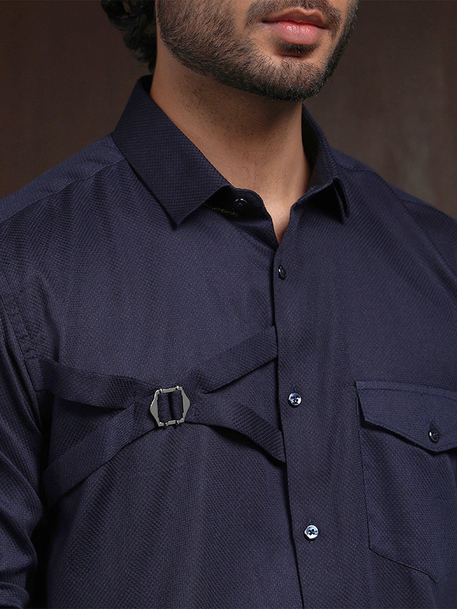 Navy Blue Slim Fit Cotton Designer Shirt with Contemporary Style