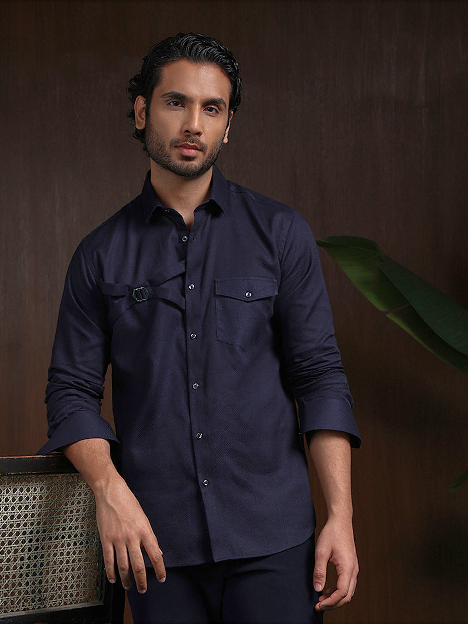Navy Blue Slim Fit Cotton Designer Shirt with Contemporary Style