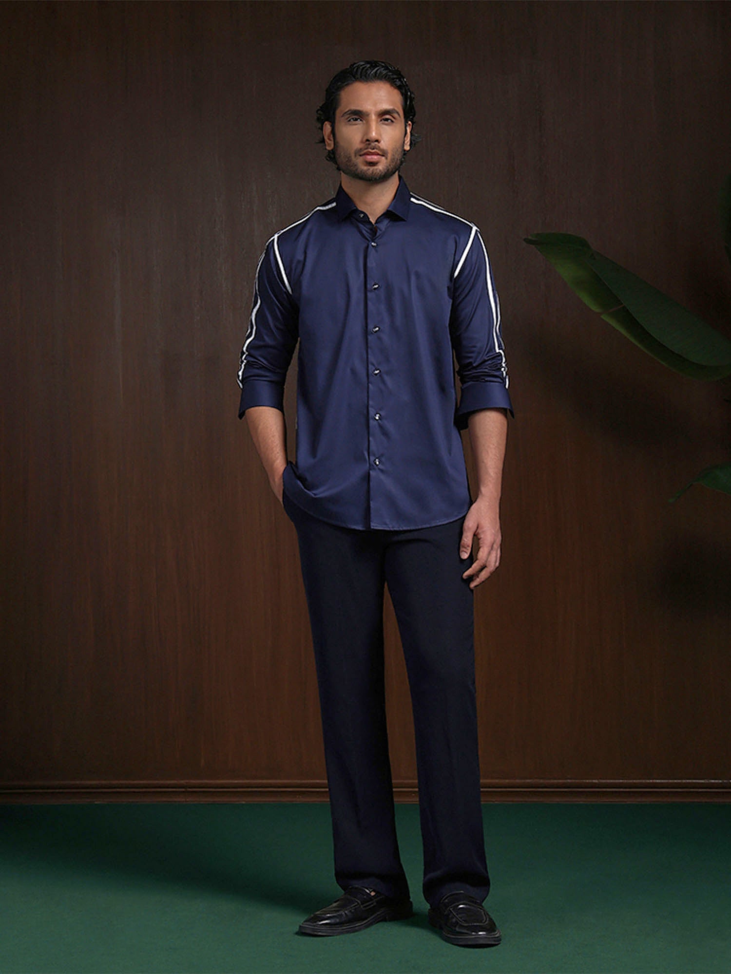 Navy Blue Slim Fit Cotton Designer Shirt with Contemporary Appeal
