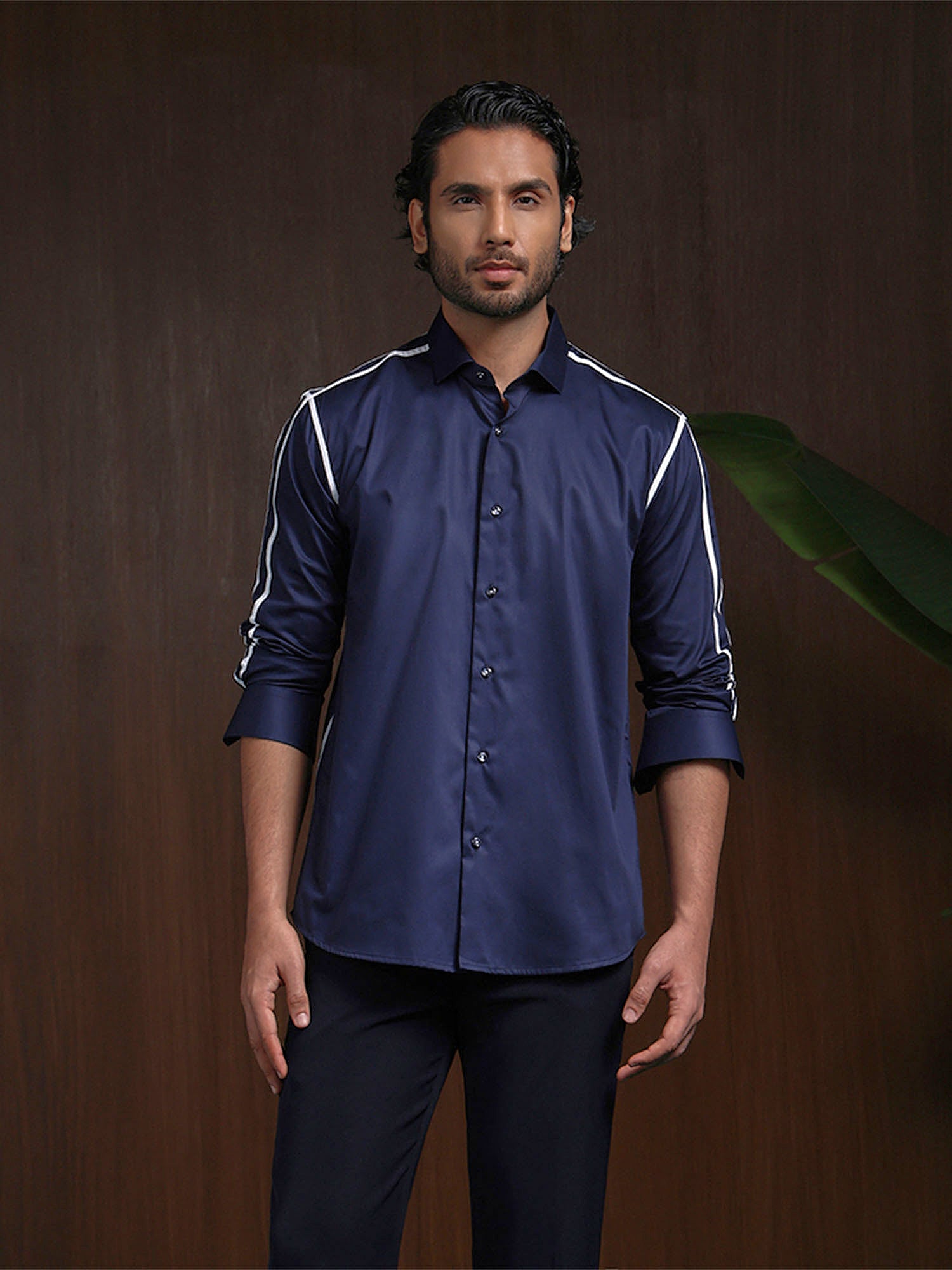 Navy Blue Slim Fit Cotton Designer Shirt with Contemporary Appeal