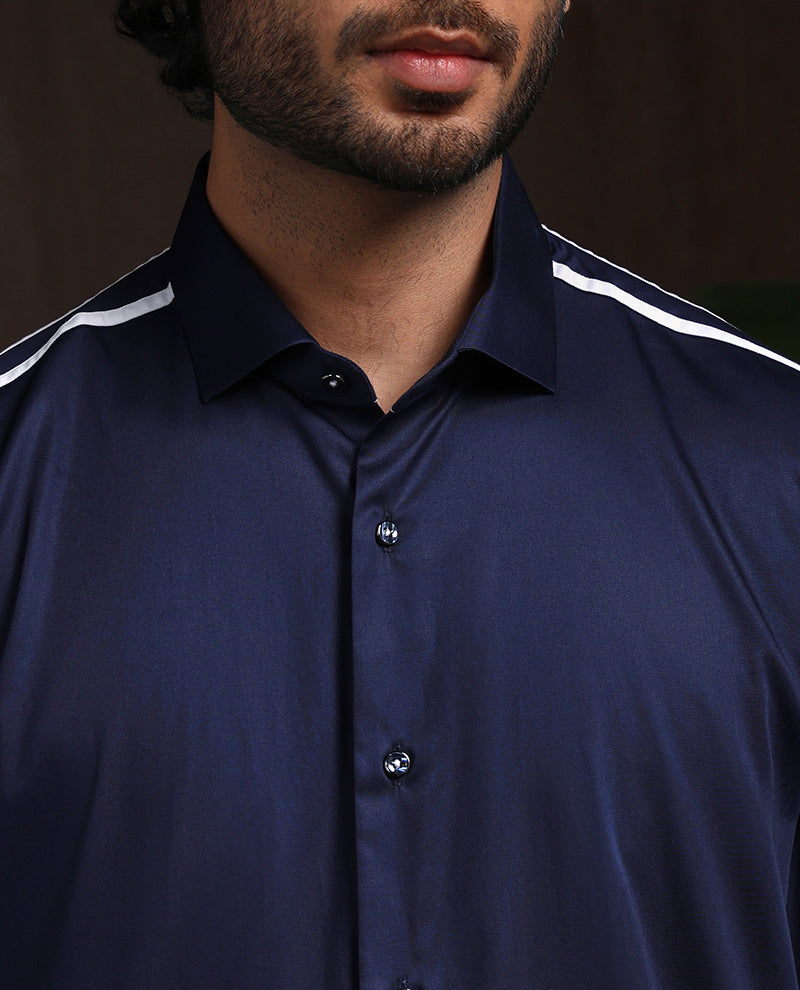 Navy Blue Slim Fit Cotton Designer Shirt with Contemporary Appeal