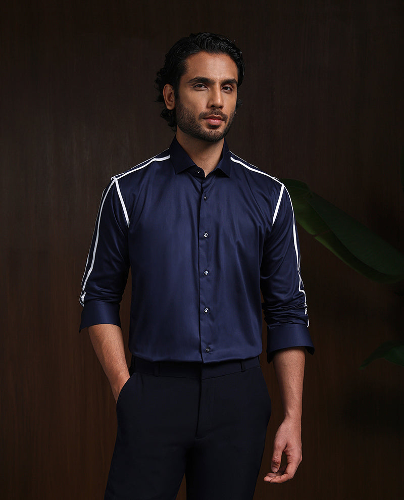 Navy Blue Slim Fit Cotton Designer Shirt with Contemporary Appeal