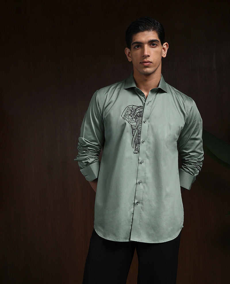 Pista Green Slim Fit Cotton Shirt with Refined Embroidery