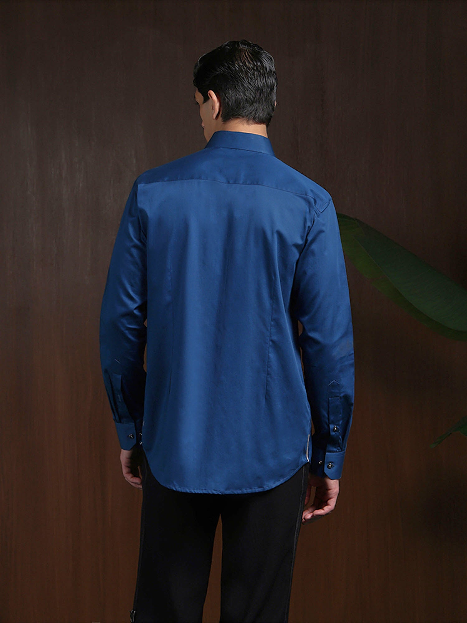 Blue Slim Fit Cotton Shirt with Refined Embroidery