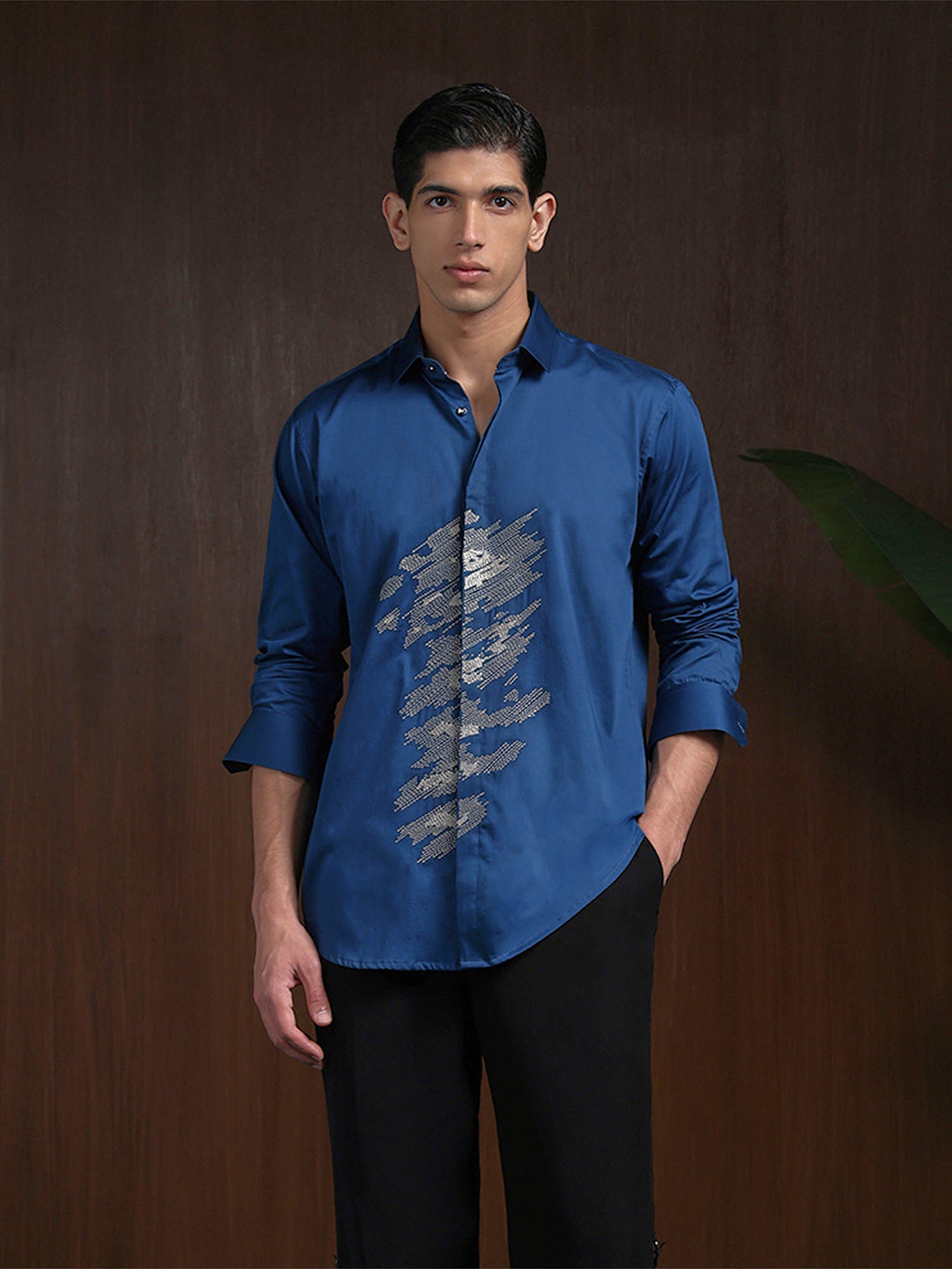 Blue Slim Fit Cotton Shirt with Refined Embroidery