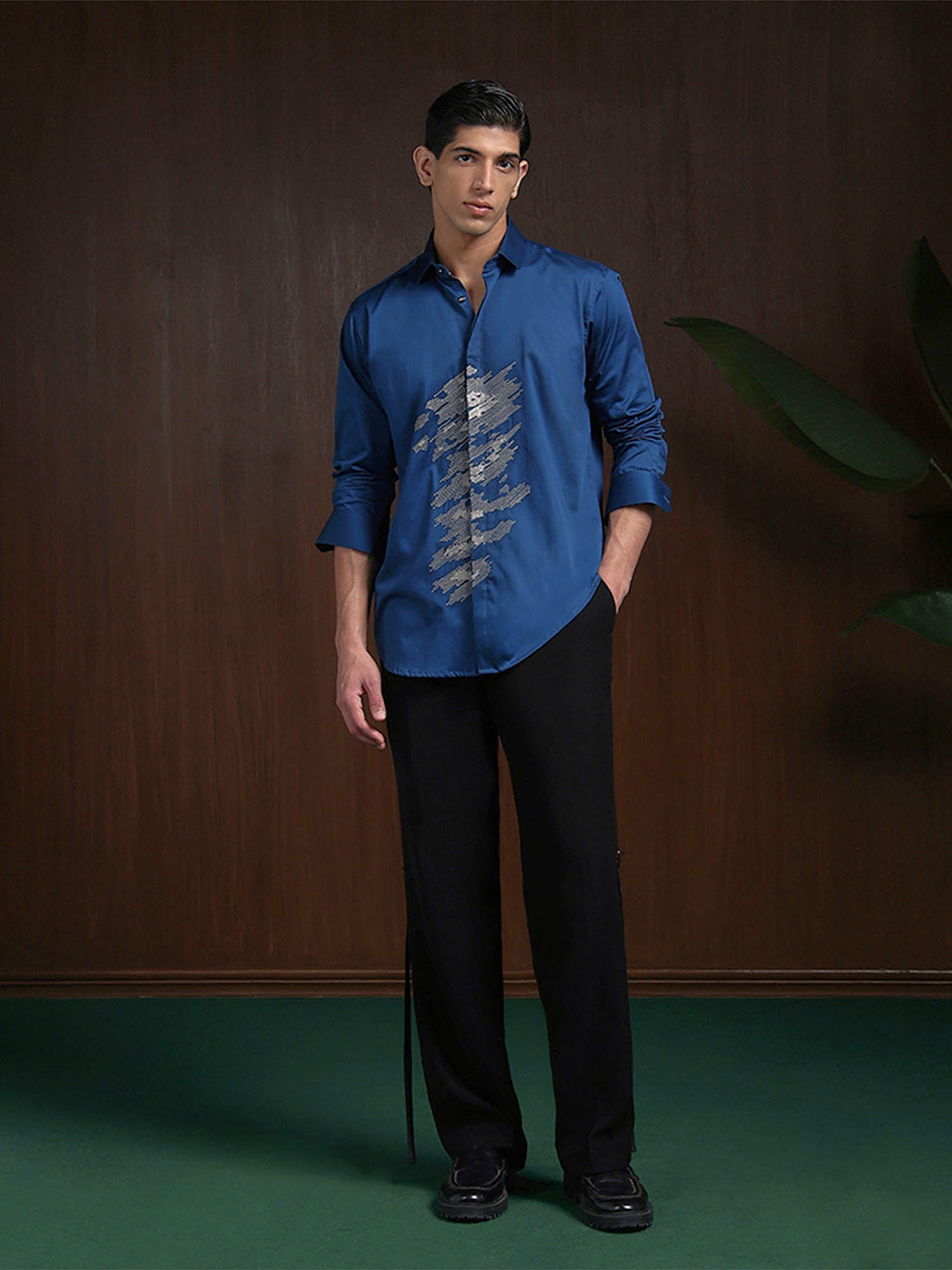 Blue Slim Fit Cotton Shirt with Refined Embroidery