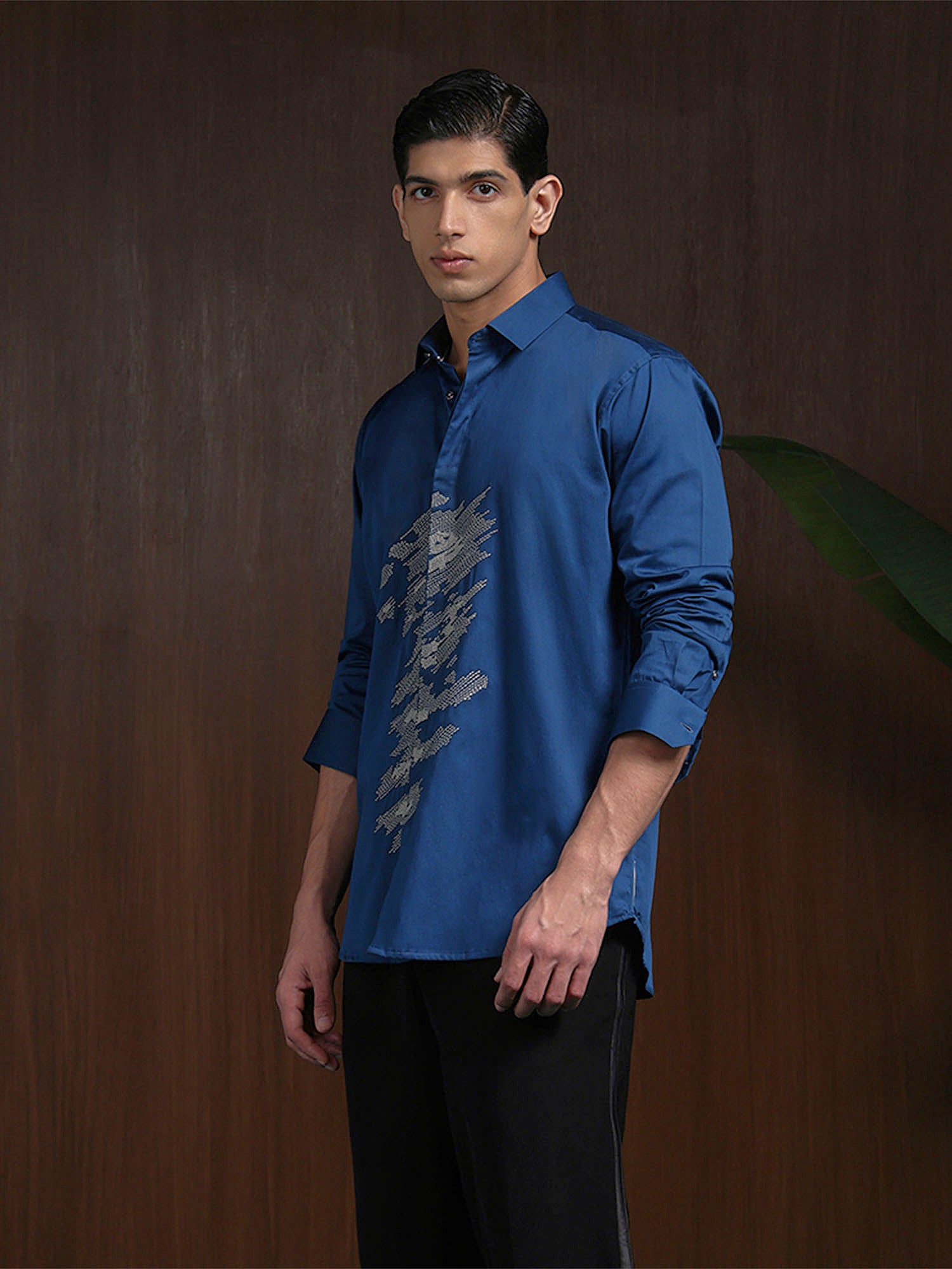 Blue Slim Fit Cotton Shirt with Refined Embroidery
